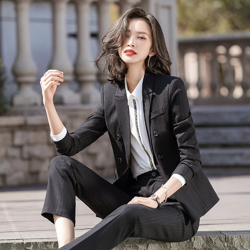 Women's Suit with A Skirt Office Uniform Design Women Blazer and Skirt Set Striped 2 Pieces Double Breasted Blazer Skirt Suit