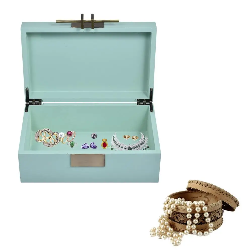 

Retro Natural Wooden Tea Box Blue Jewelry Storage Organizer Bedroom Necklace Earrings Sundries Storage Container Birthday Gift