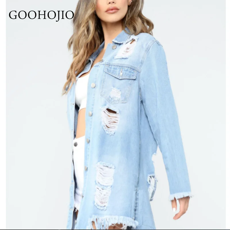 

GOOHOJIO 2021 New Spring and Autumn Hole Cowboy Jackets Women Fashionable chic Jacket for Ladies Casual Women Mid-length Jackets