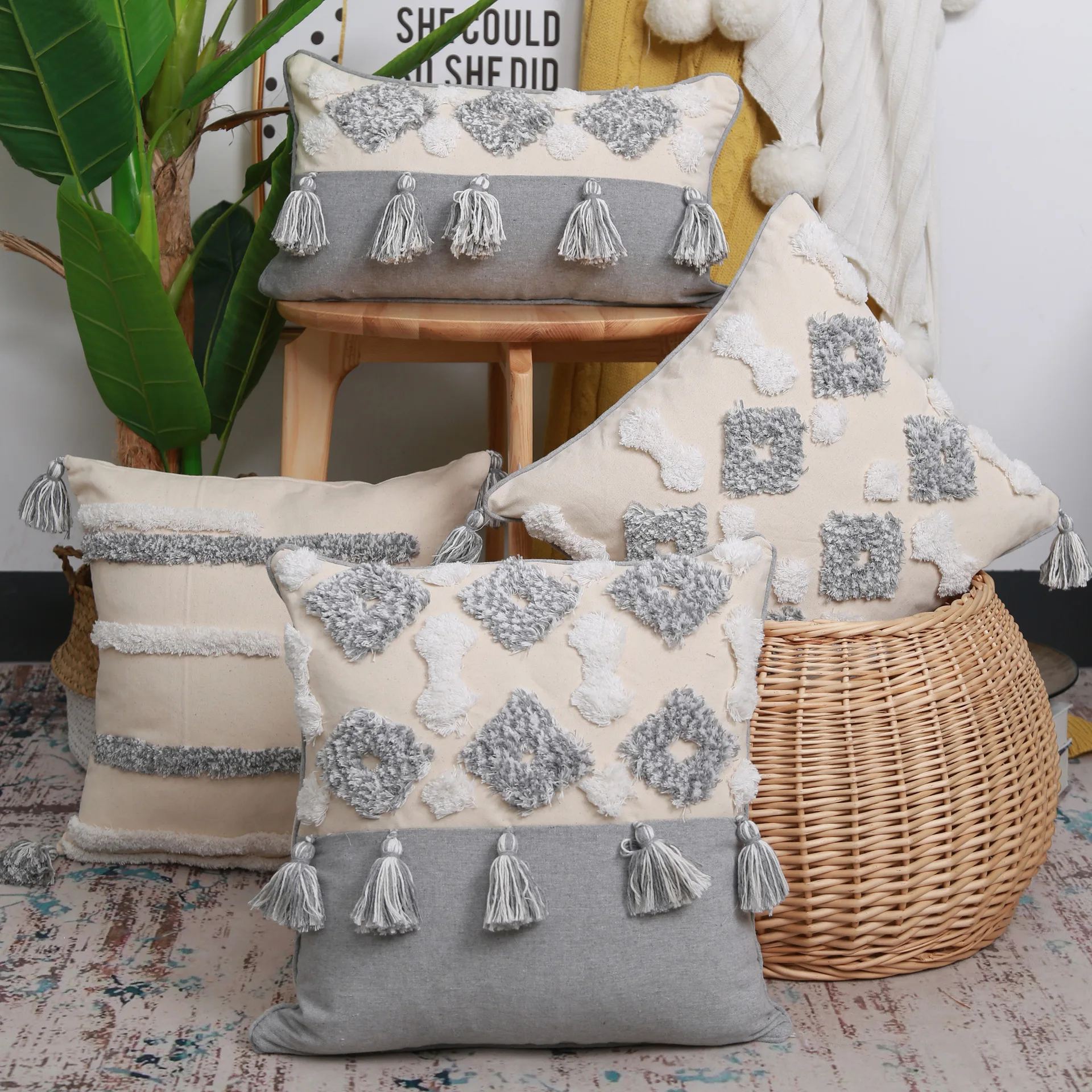 

Hand-embroidered Tufted Cushion Cotton and Linen Homestay Living Room Sofa Geometric Tassel Backrest Pillow Waist Pillowcase