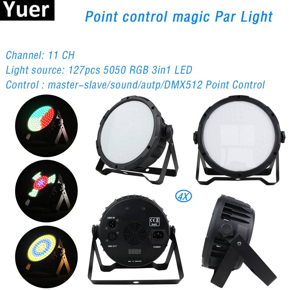 

4 шт./лот, профессиональный сценический проектор SMD 5050 RGB, 3 в 1, 127X0,5 Вт, точечный контроль, светильник, DMX512, Активированный звук, сценический св...