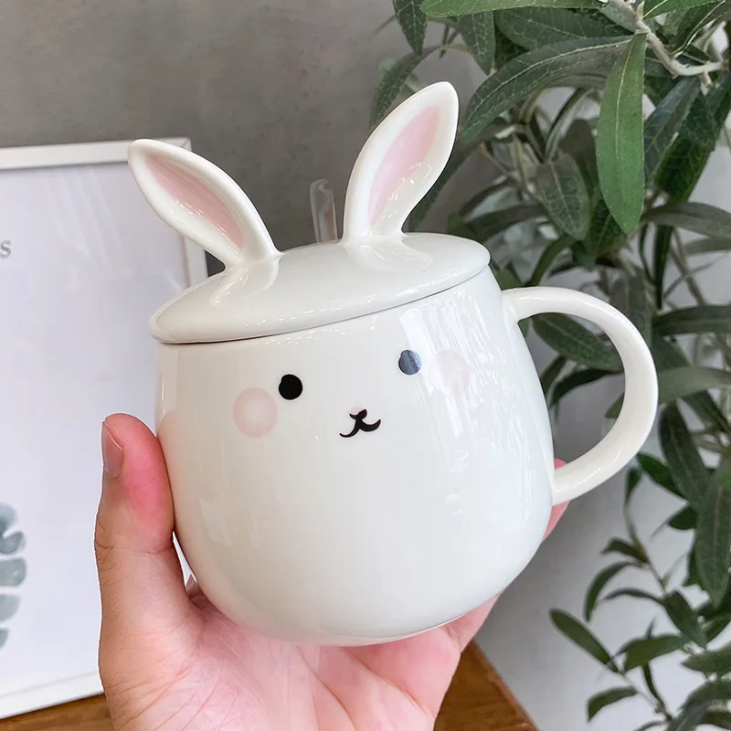 

450ml cartoon rabbit coffee mug cute breakfast mug with lid spoon creative pink rabbit ceramic cup ladies office cup