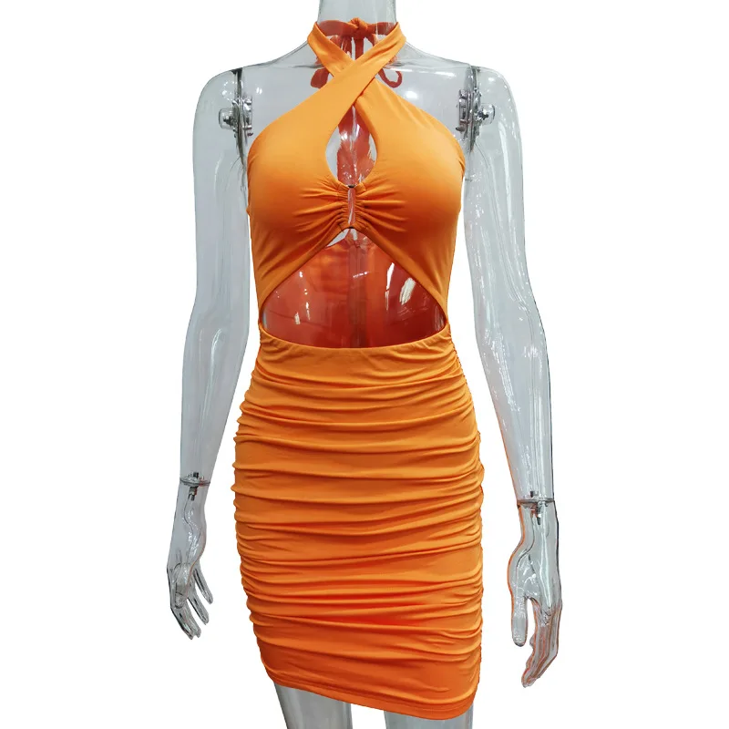 

New orange summer dress for women, with hanging collar, sexy, Cross halter,openwork, backless, fitted to the buttocks,2021