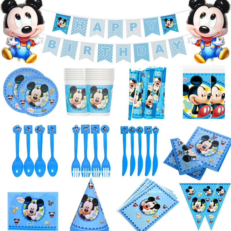 Голубой Микки Маус украшения для детского дня рождения тарелка чашка соломенные