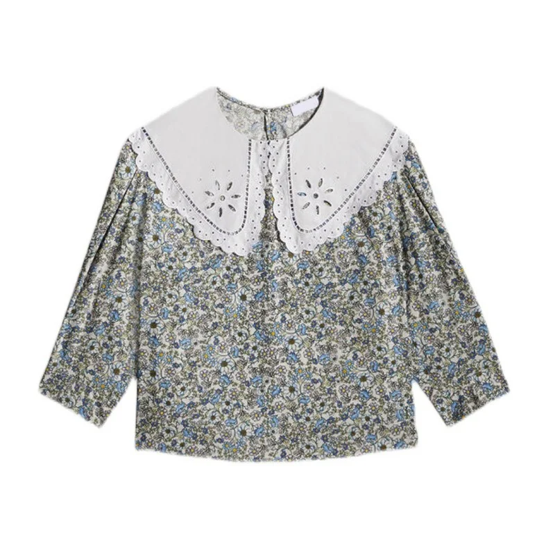 

Sweet Flower Print Embroidery Blouse Women Shirts Peter Pan Collar Long Sleeve Top Woman Japanese Fashion Blusas Mujer