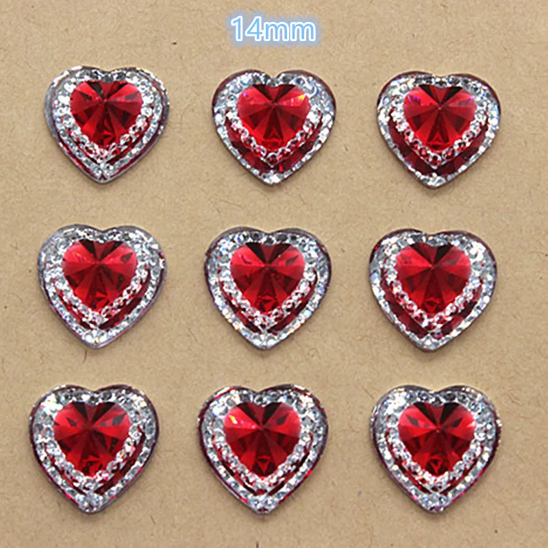 50 шт. 14 мм блестящие красные сердца Rhinstone с плоской задней стороной Кабошон