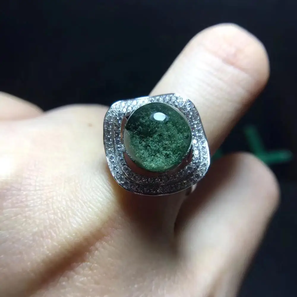 Натуральный зеленый фантомный кварцевый кристалл регулируемое кольцо серебро 925