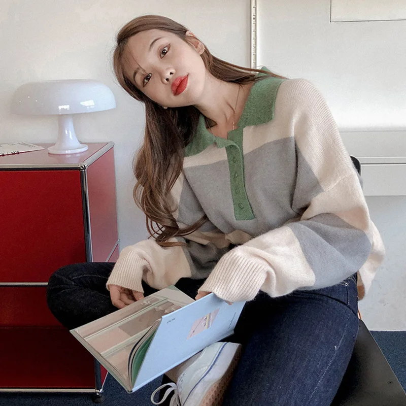 

Fashion Sweater Women Knitting 2020 Autumn Winter Casual Loose Color Blocking Lapel Pullover Tops Korean Cute Knitting Sweaters