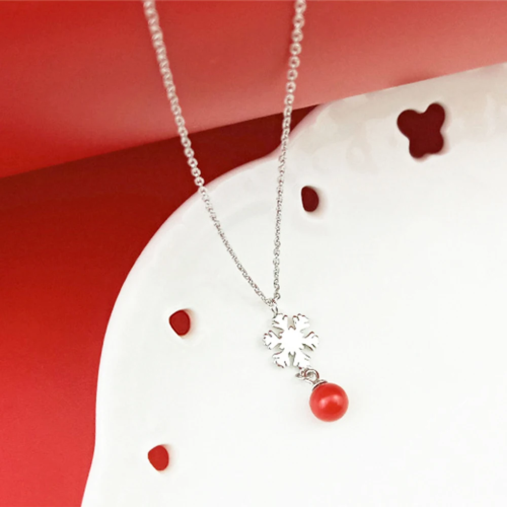 Женское модное ожерелье Снежинка с красным шариком из стерлингового серебра 925