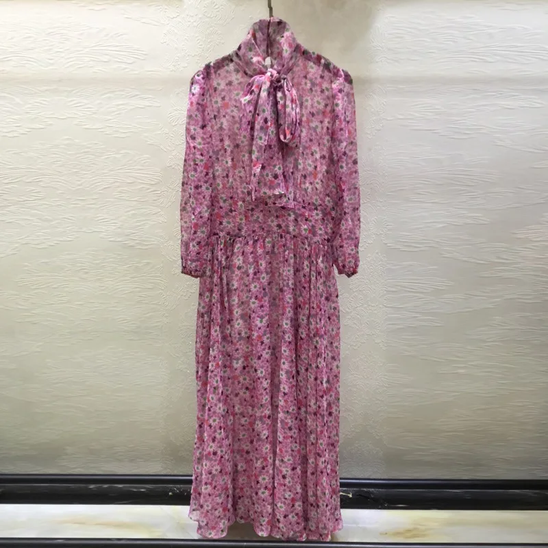 

Женское модельное платье с бантом на воротнике, Элегантное Длинное фиолетовое платье с коротким рукавом и цветочным принтом, лето 2021