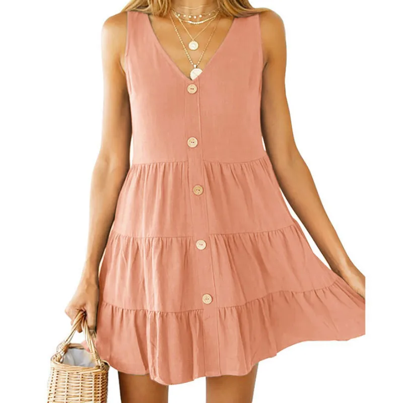 Pink Милое зеленое платье Boho Kawaii, Пляжное летнее платье для женщин, пуговицы, оборки, карманы, платье без рукавов, верхняя одежда, сарафан, GV249 - Цвет: Pink