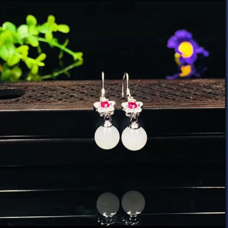 Женские высококачественные серьги из белого нефрита S925 с инкрустированными