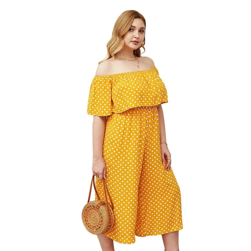 

European and American women's fat mm plus size polka dot one-shoulder yellow dress pants for women pants streetwear women