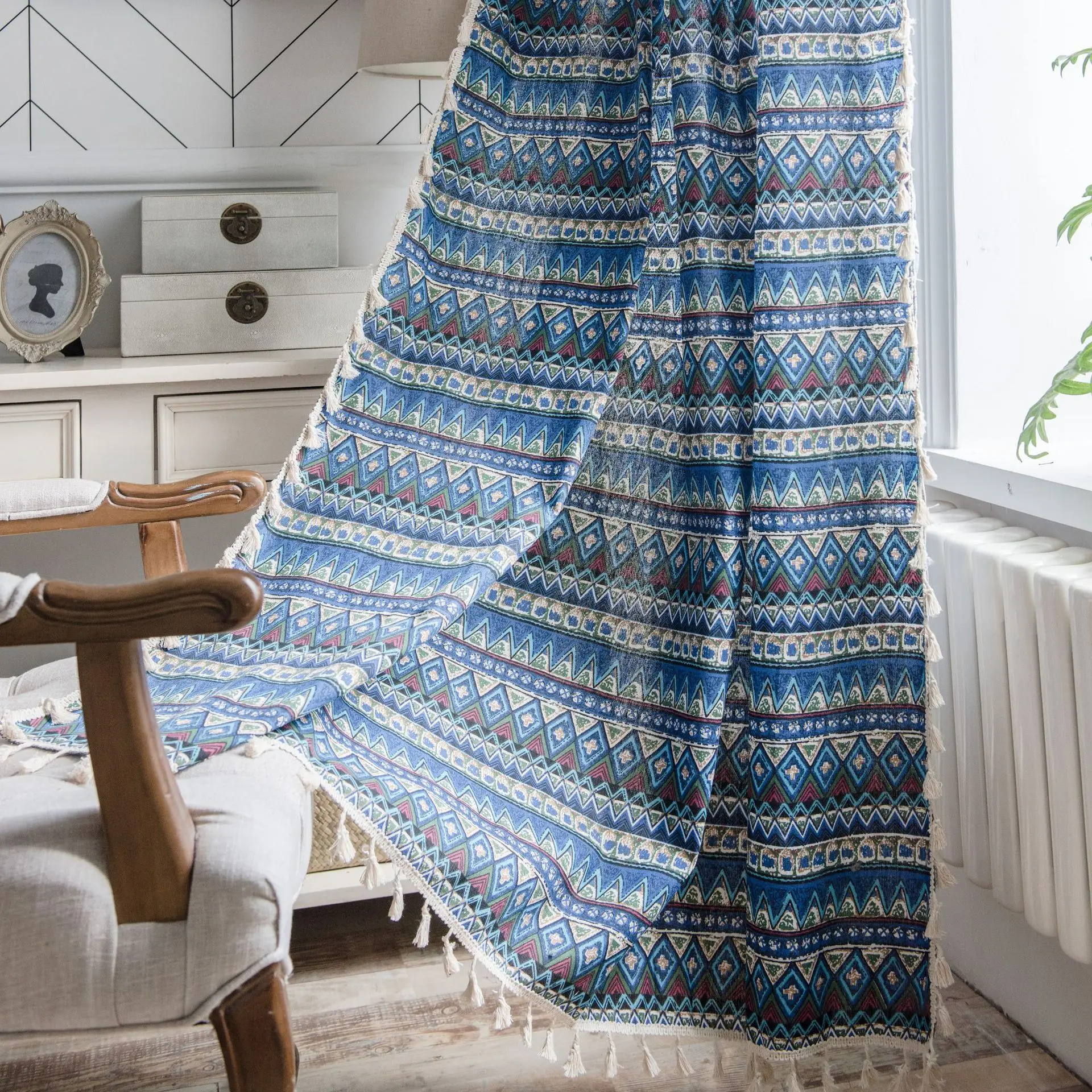 

Geometric Finished Printing Blue Bohemian Curtain Cotto- Linen Curtain Semi-shading Bay Blackout Window Bedroom Living Room