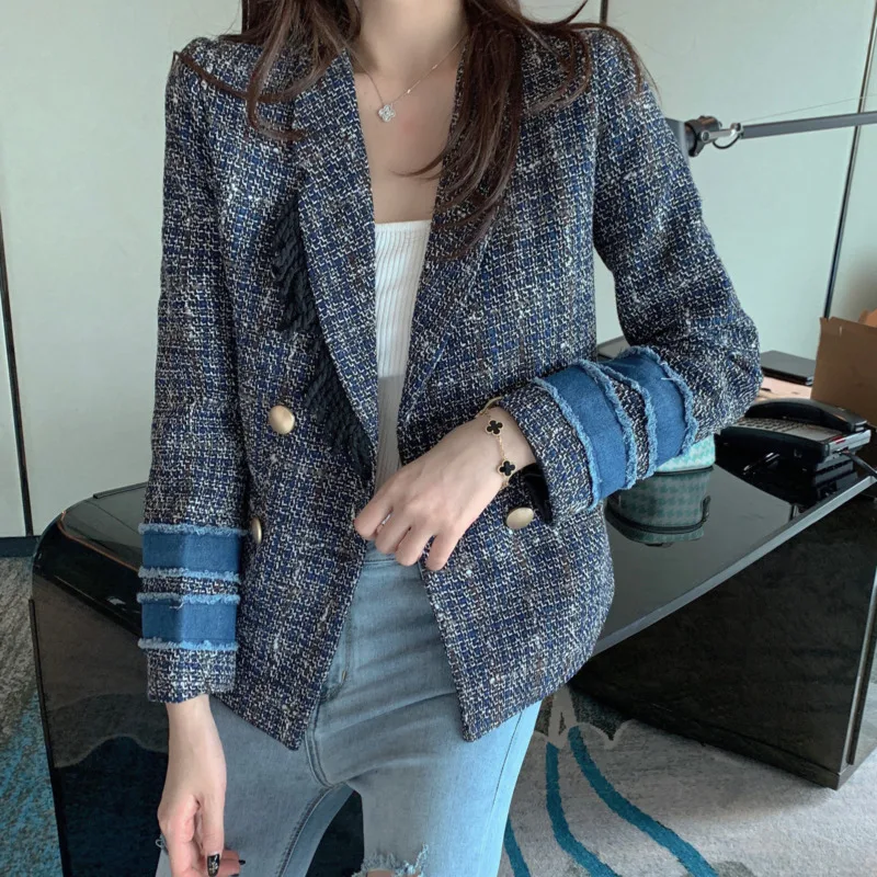 

New Autumn Winter Vintage Women Woolen Jacket Coat Tweed Tassel Patchwork Double-Breasted Female Weave Outerwear Ropa Mujer