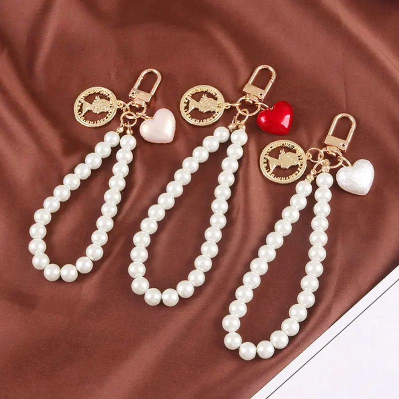 

Creative Imitation Pearl Chain Keyring Round Sailboat Metal Tag Car Keychain Female Girl Bag Heart Pendant Key Chains Gifts