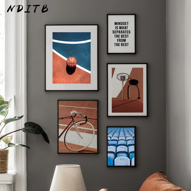 

Blue Brown Sporty Photographs Illustrations Poster Retro Bicycle Basketball Painting Canvas Art Print Wall Picture Home Decor