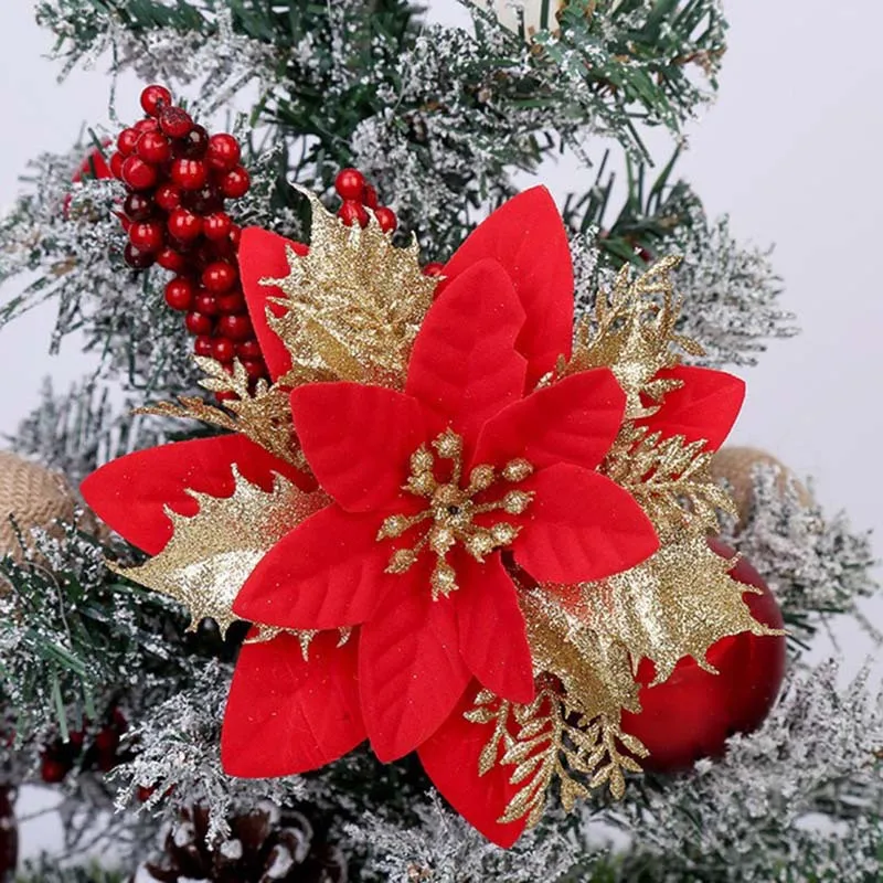 

5 шт. блестящие Искусственные Рождественские цветы, украшения для рождественской елки для дома, искусственные цветы, рождественские украшения, новый год, Рождество, 14 см