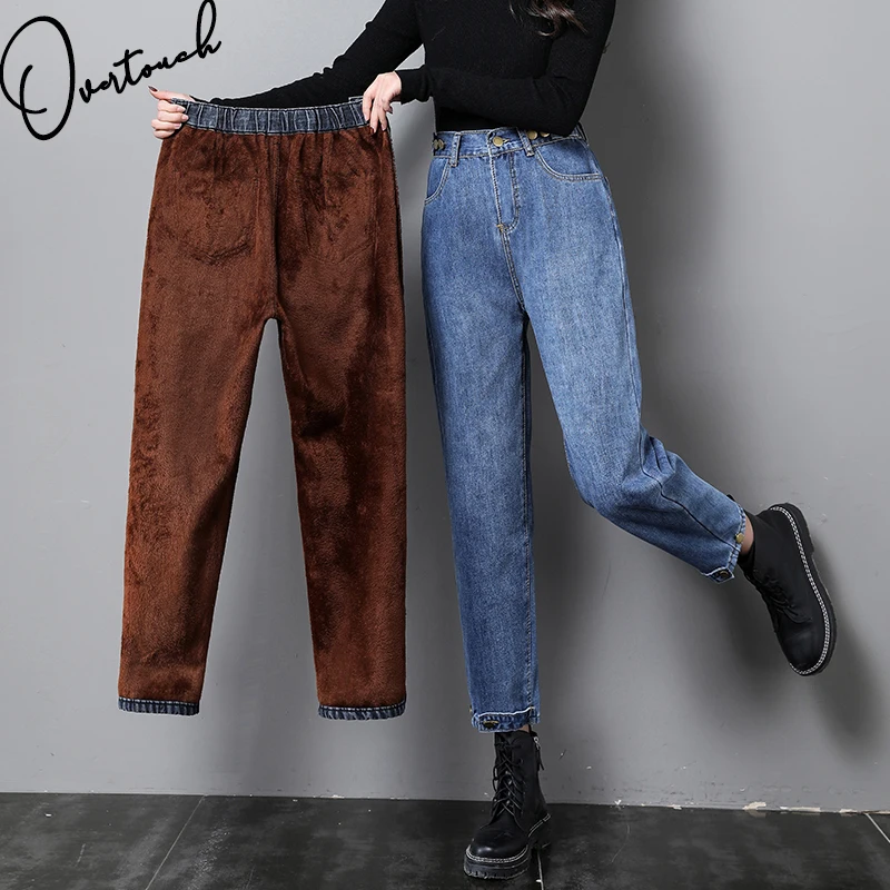 

Overtouch 2021 Women Jeans Oversize Cotton Denim Thicken Pencil Pants Fleece Elastic Waist Fashion Lady Trousers Autumn Winter