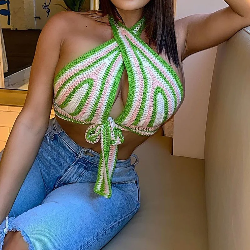 

2021 Knitted Wrap Crop Top for Women Hot Sexy Halter Backless Fashion Patchwork Summer Tie Up Festival Tops Holiday Streetwear