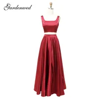 Simple Red Long Bridesmaid Dresses 2020 Two Pieces Square High Slit Wedding Party Dresses Lace Up