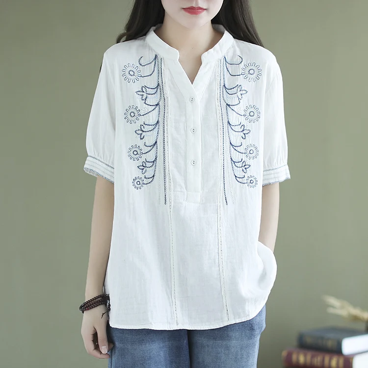 

2021 New Summer Artistic Commuter Loose Lapel Blusas Short Sleeve Embroidery Cotton Women Top Pullover Simple Pullover Shirt