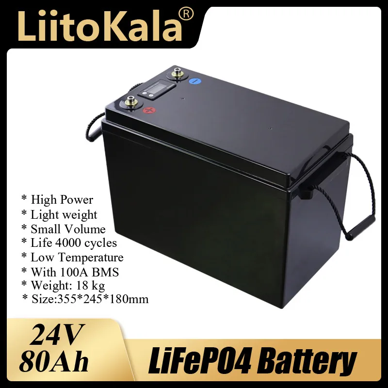 

LiitoKala 24V 80AH Lifepo4 battery lithium with 100A BMS for inverter solar panel scooter backup power boat light