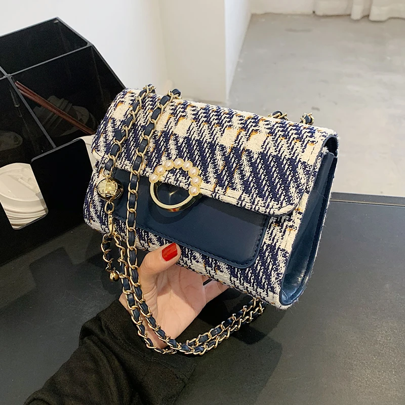 

Клетчатая брендовая дизайнерская модная женская мини сумка через плечо с клапаном и цепочкой 2021 роскошные сумки на плечо с жемчужной пряжк...