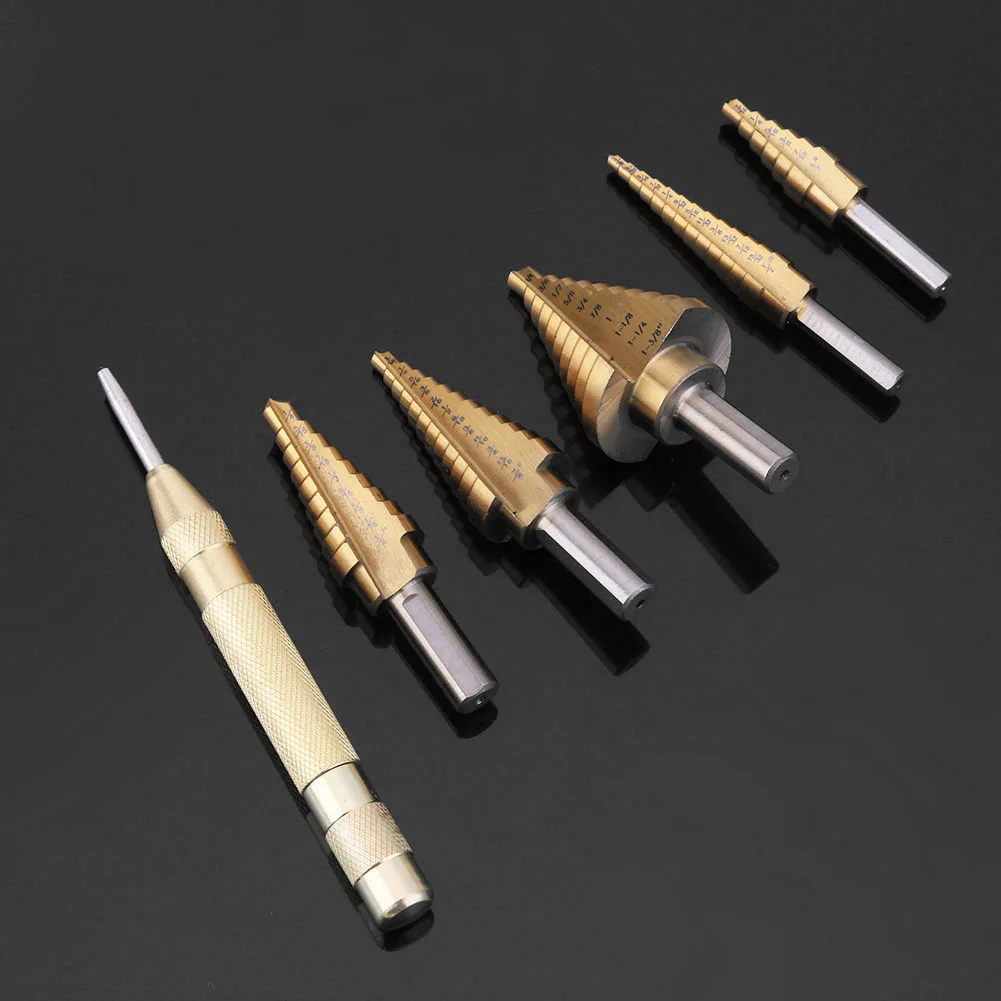 

6pcs Cone Cutting Drill Step Bit Set HSS Groove Straight Metal Wood Hole Opener with Center Punch Cutter Tool Kit