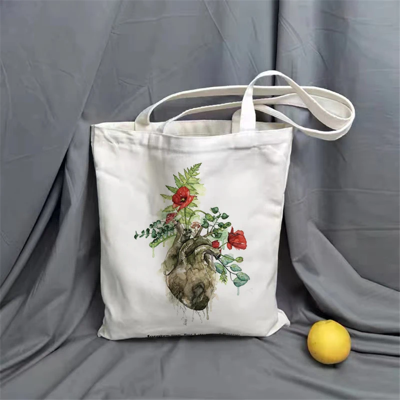 

Fashion Cartoon Heart Floral Print Canvas Women Bag Large Capacity Casual Tote Academy Harajuku Ins Fun Chic Art Shoulder Bags