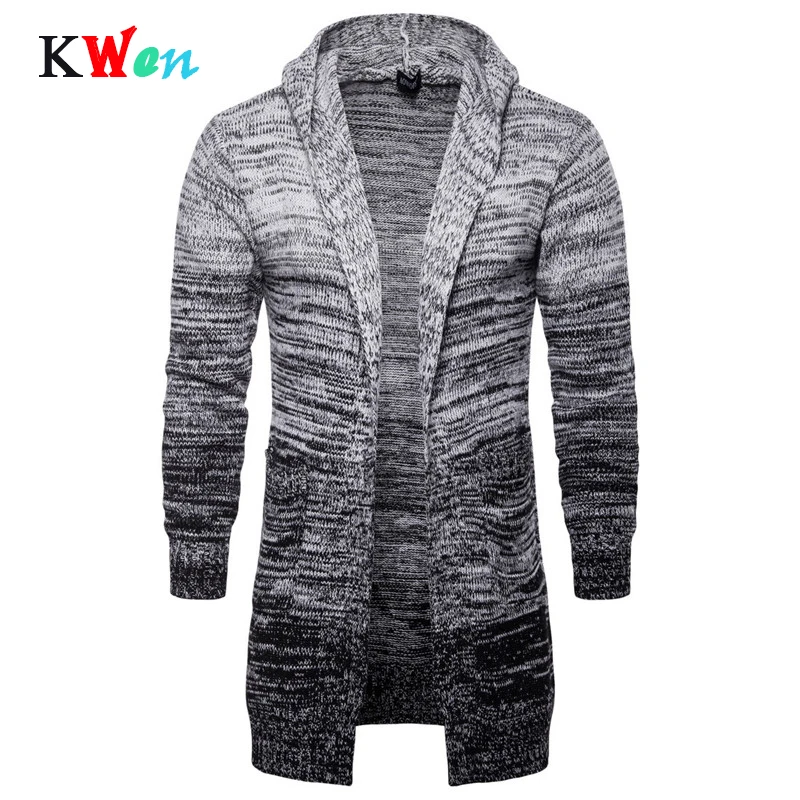 Модный мужской утепленный вязаный кардиган с капюшоном повседневный длинный