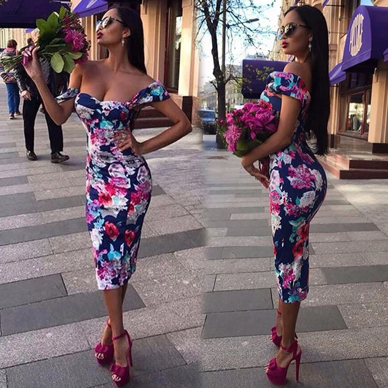 

Sexy Party Dresses Off Shoulder Mid-calf Dress Blue Neckline Floral Bodycon Elegant Dress