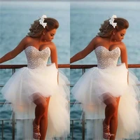 2020 one line darling exquisite pearl hello lo short beach wedding dresses with custom pearls bridal dress