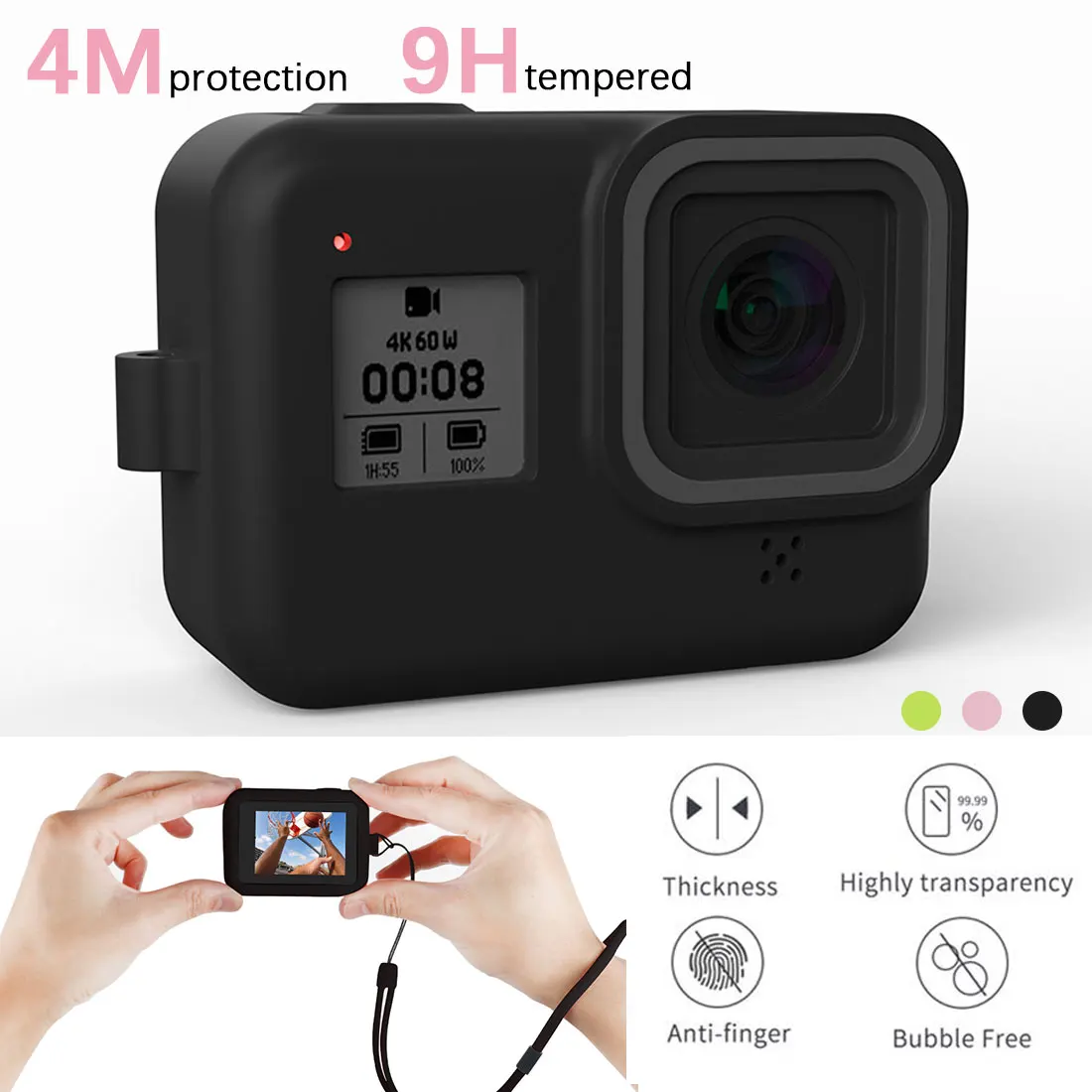 

Protective Silicone Case for GoPro Hero 8 Black Tempered Glass Screen Protector Film Lens Cap Cover