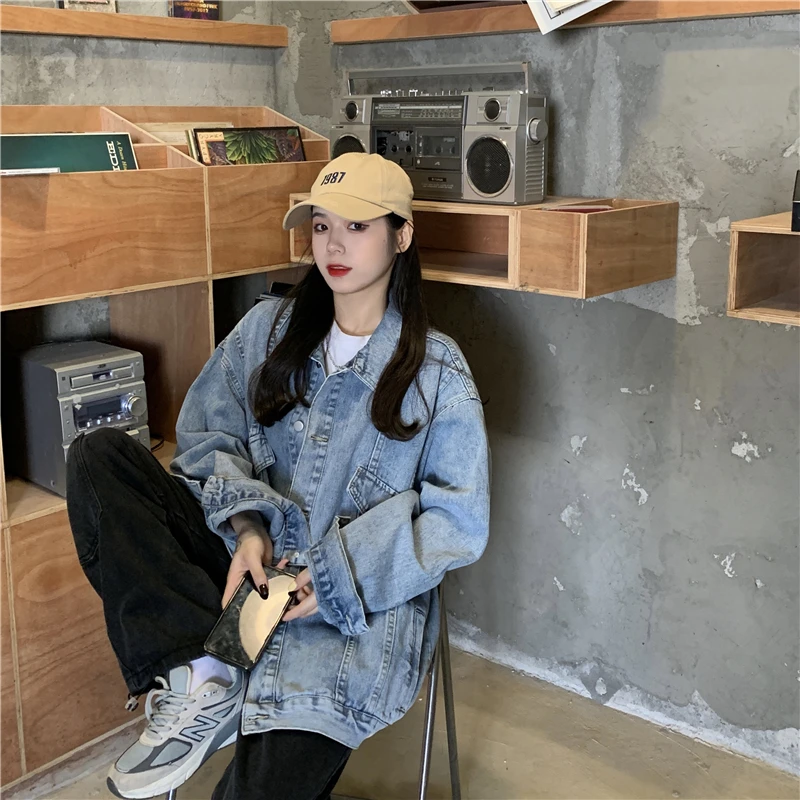 

Denim Jacket for Women 2021 Spring New Korean Style BF Style Loose Mid-Length Versatile Long Sleeve Student Jacket Top
