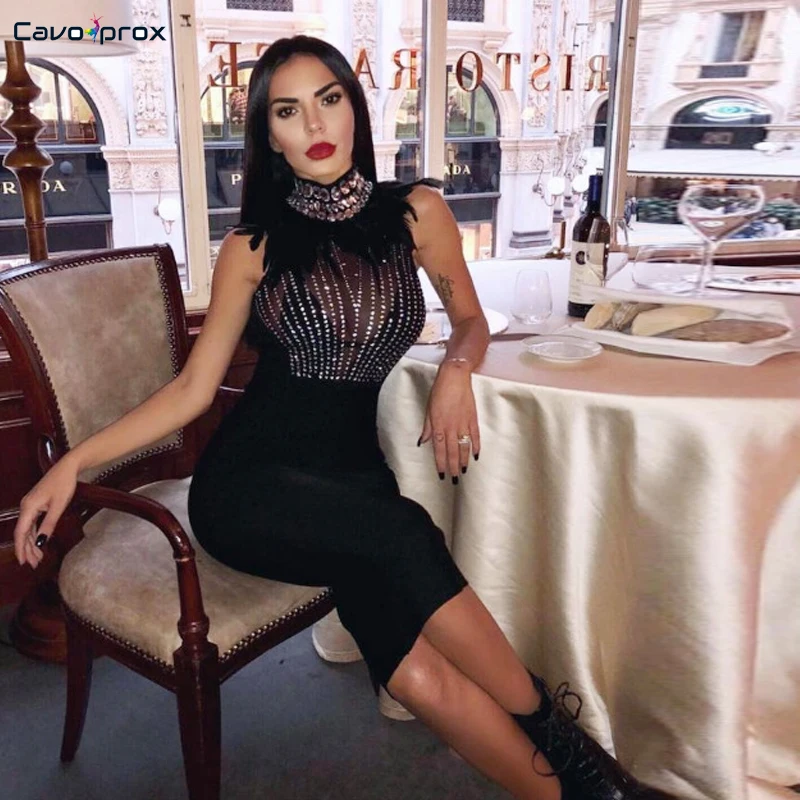 Женское Сетчатое прозрачное облегающее платье с перьями и бисером для вечеринки