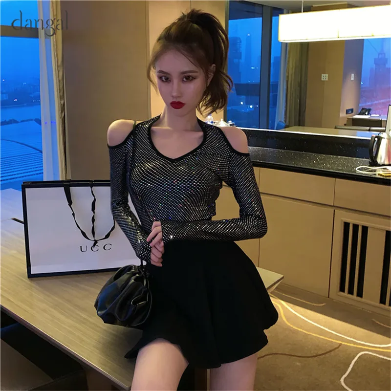 Облегающая Женская Осенняя Футболка с блестками и длинным рукавом открытыми