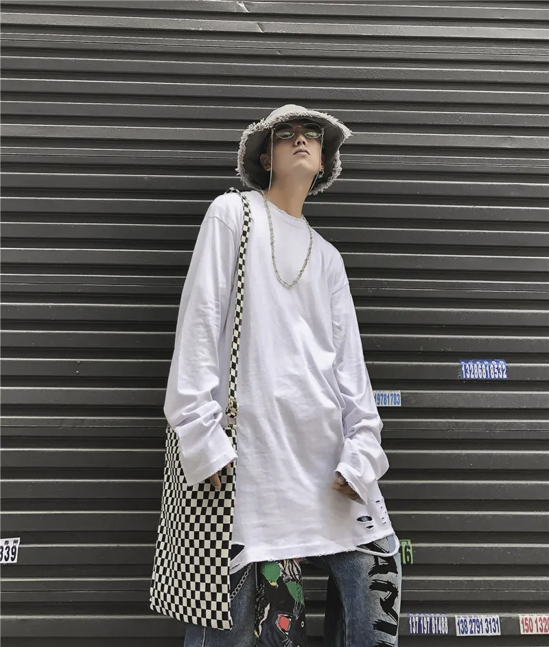 Весенняя свободная футболка VE2 средней длины с длинными рукавами дырками на