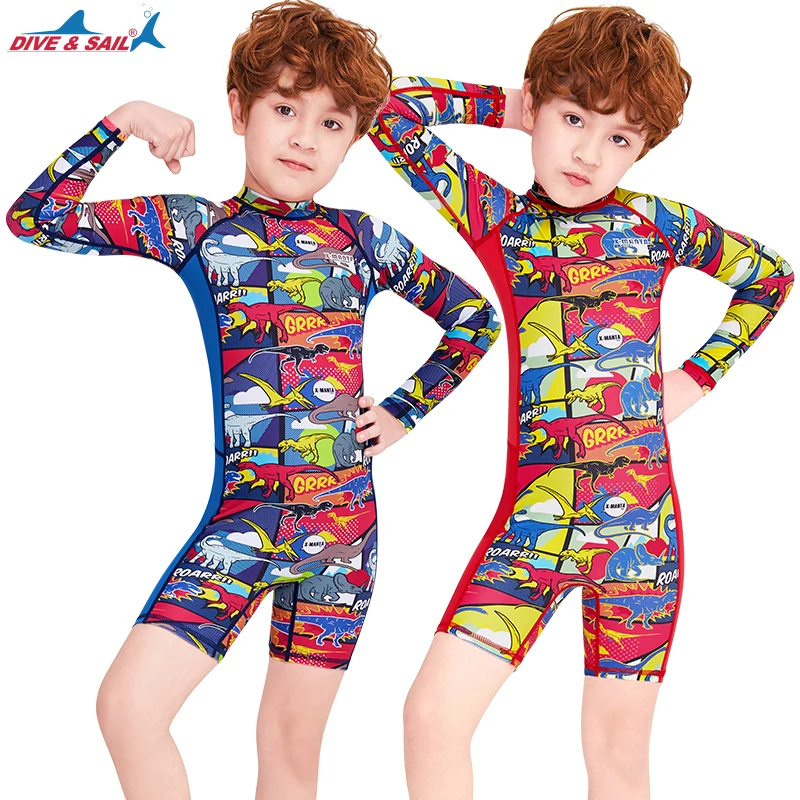 Купальный костюм для мальчиков с длинными рукавами и шортами, застежкой-молнией, защитой от солнца UPF 50+ и возрастом от 2 до 10 лет.
