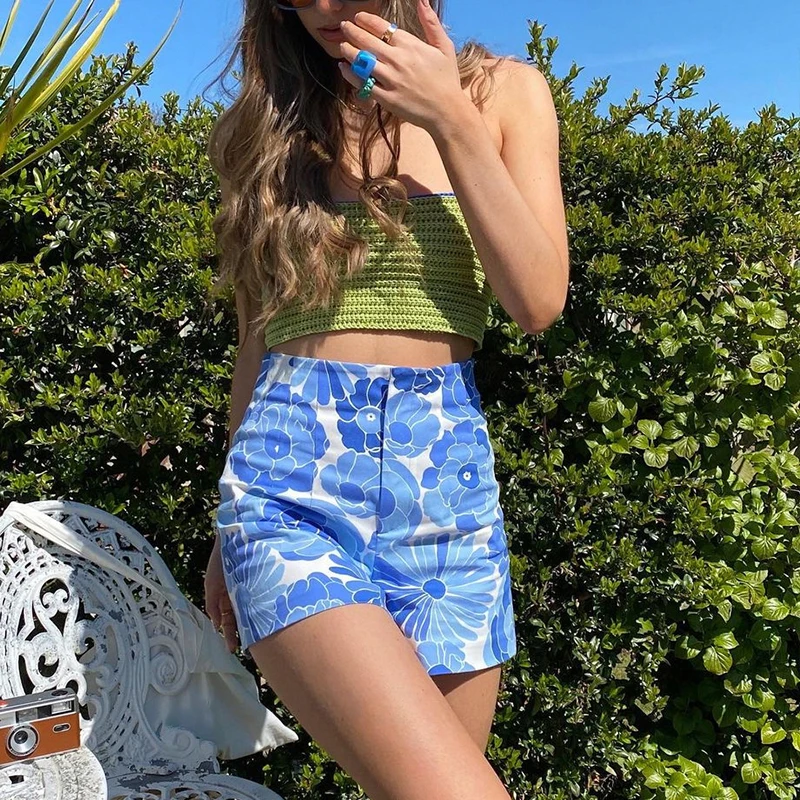 

Rapcopter Floral Blue Shorts y2k Vintage Harajuku Shorts Women Summer Beach Style Outfits Cute Sweet Buttom Streetwear 2021 90s