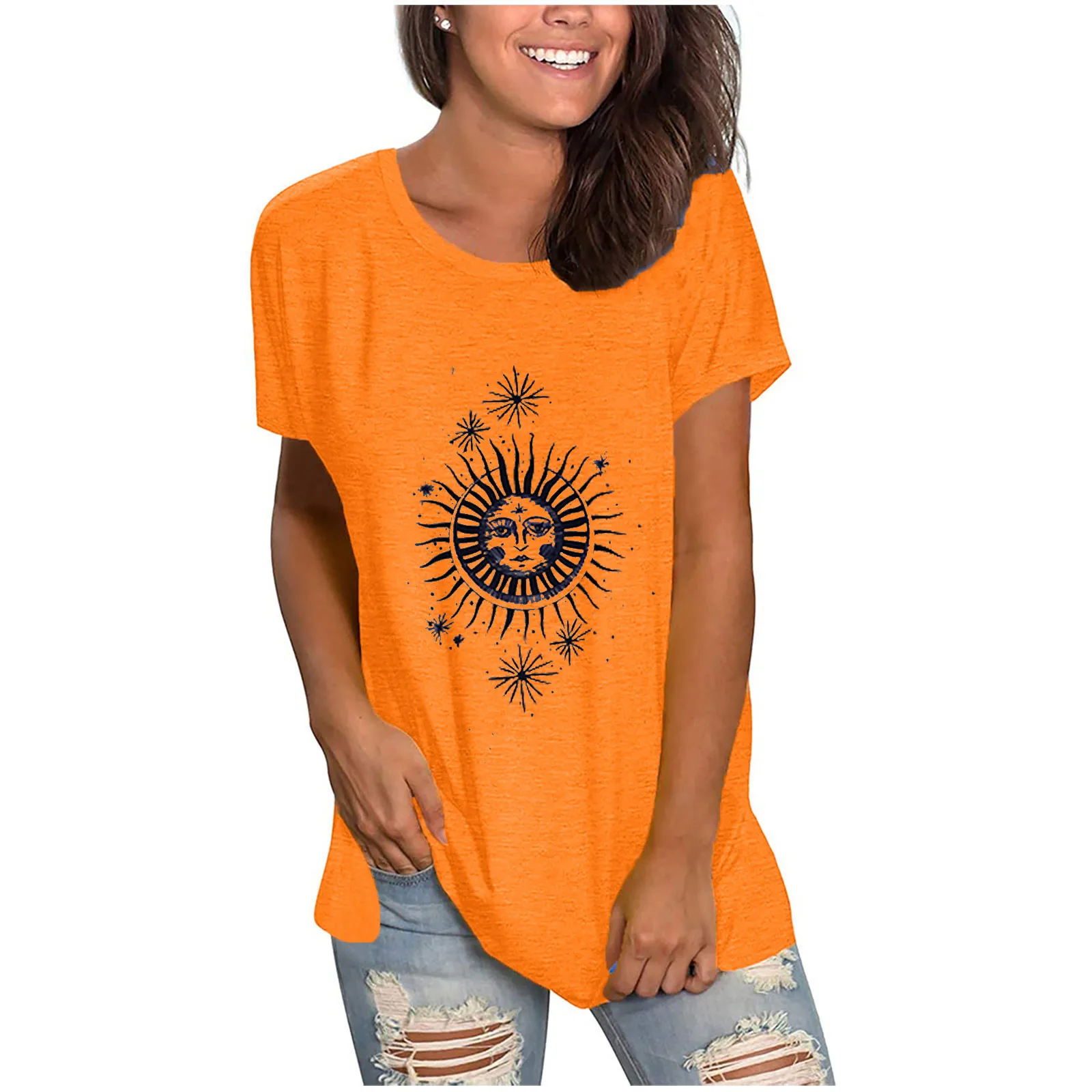 

SAGACE Fashion Personality Simple Summer Women's T Shirt Sun And Moon Print O Collar Polyester Blouse футболка 2021