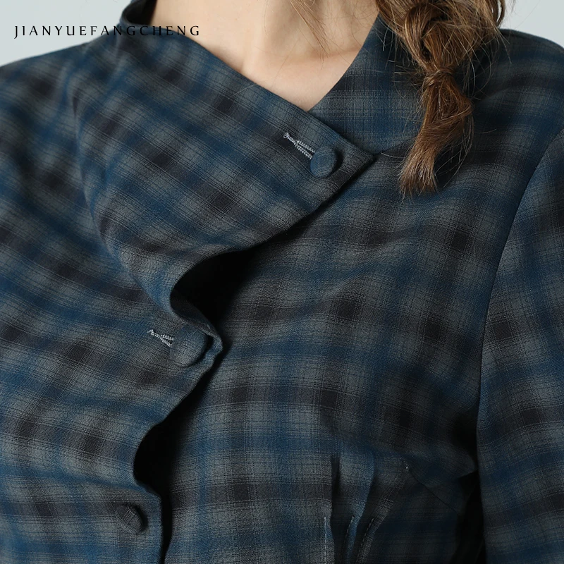 

Elegant Slim Ladies Blue Plaid Shirt New 2020 Spring Fashion Korean Style Top Long Sleeve Single-breasted Womens Office Shirts