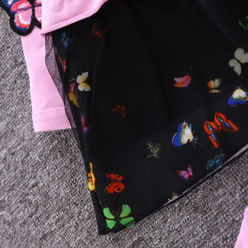 

New Cute Kids Girls Spring Butterfly Long-Sleeved Pleated Trousers Two-Piece Casual Fashion Stitching Top Bow Children Clothes