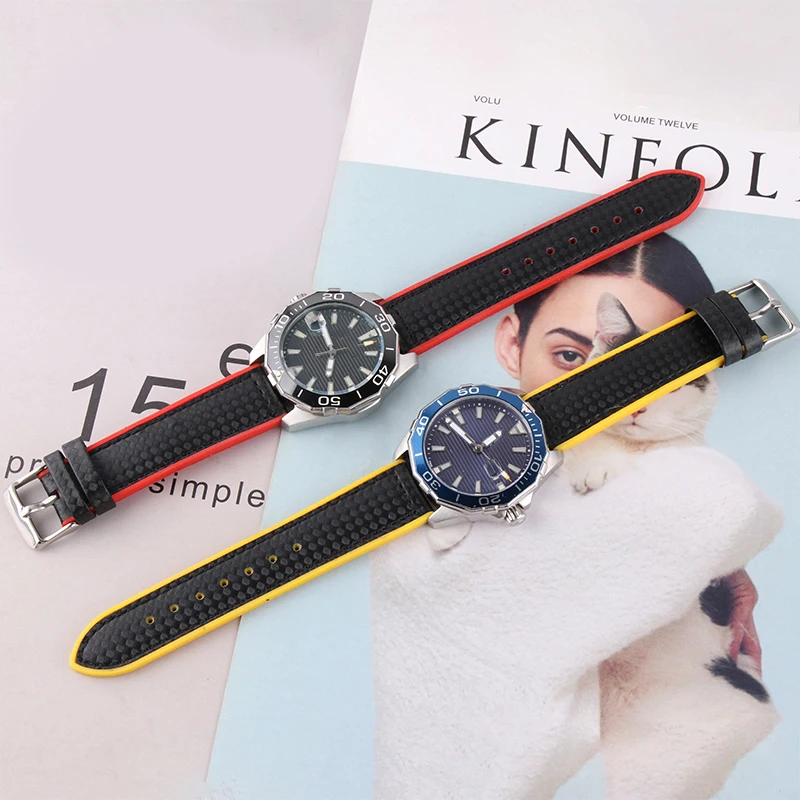 Carbon Fiber Rubber Watchband 22mm 20mm Black with White Red Blue Orange Yellow Line Strap For Men Women Watch Accessories Tools | Наручные