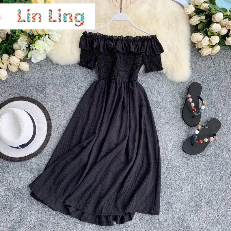 

LinLing 2020 Summer elegant Dresses women Plaid Off Shouder Solid Vestidos sweet Ruffles A-line High Waist Dress Robe Femme
