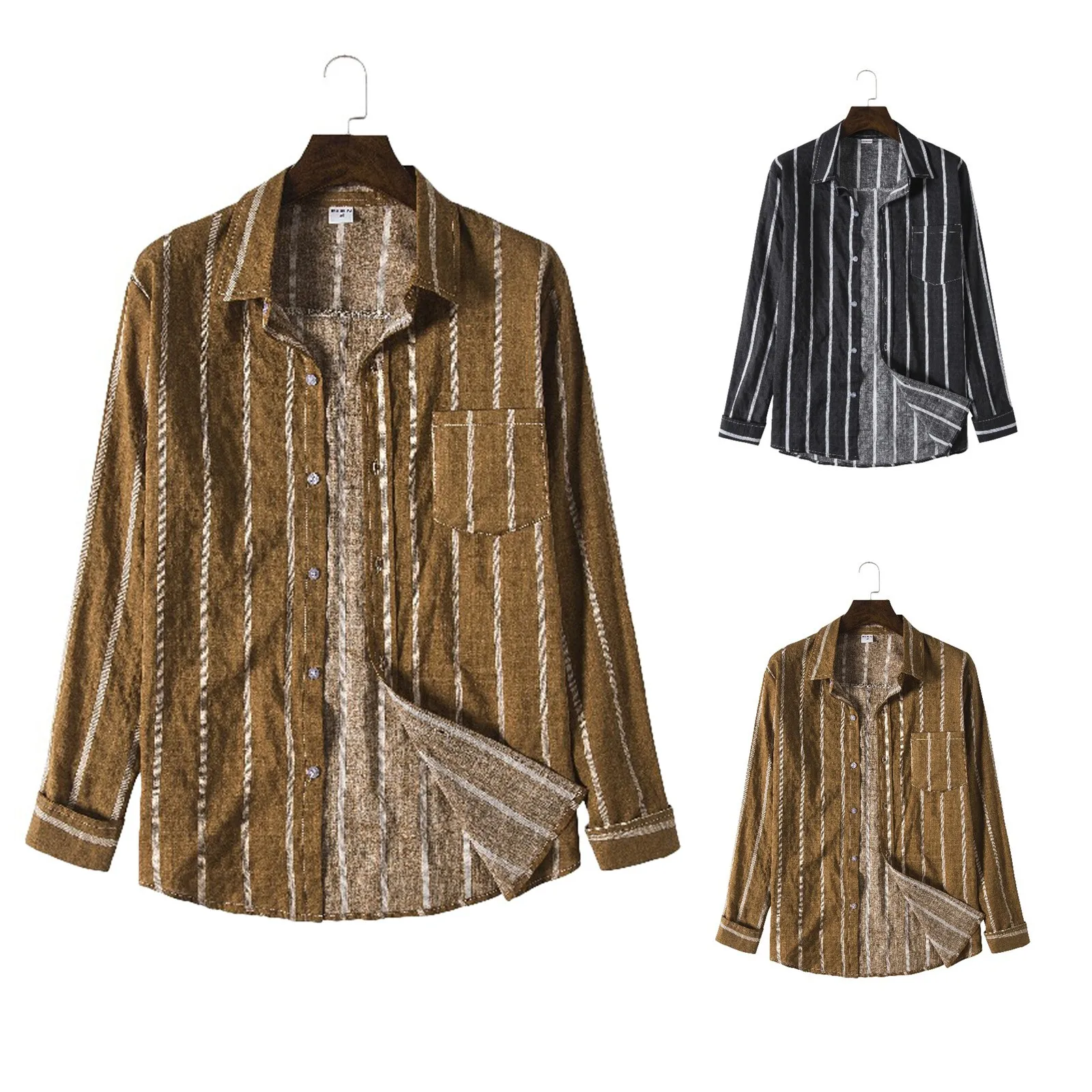 

Men's Cotton And Linen Striped Printed Shirts Turn Down Collar Long-sleeved Shirt Pocket Streetwear Loose Casual Basic Tops New