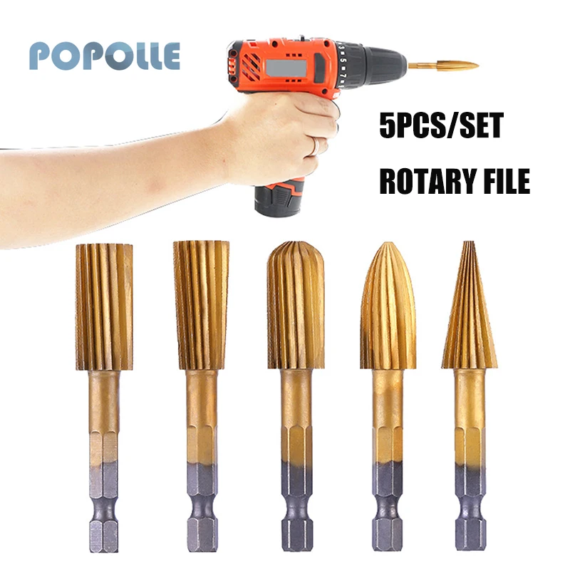 5PCS/set of 1/4 Inch Handle Titanium-plated HSS Rotary File Woodworking Polishing Rotary Tool Wood Carving Milling Cutter