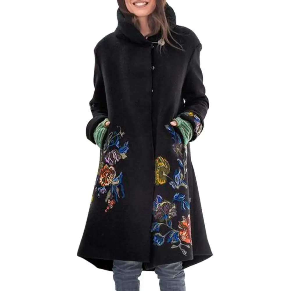 

Lady Jacket 2021 Coat Long Vintage Floral Print Hooded Buttons Winter Overcoat Hooded Floral Print Lady Overcoat for Daily Wear