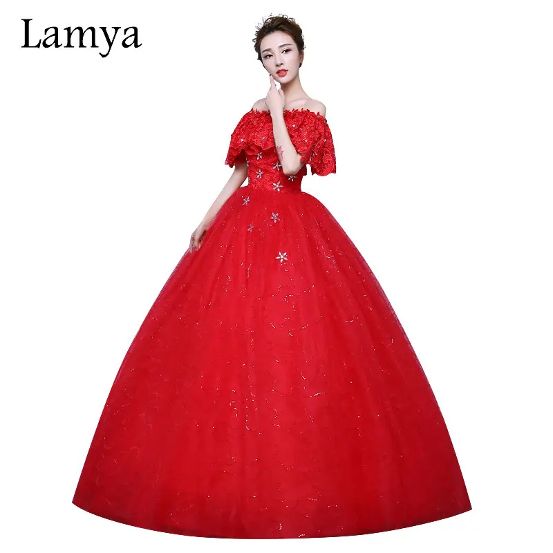 

LAMYA Red Wedding Dress Lace up Back Off Shoulder Princess Bridal Gown Ball Gown High Quality Floor Length Vintage Plus Size