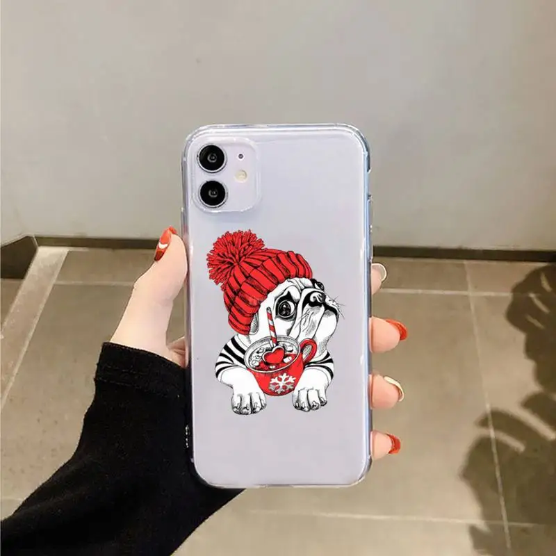 

Cute dog puppy Pug Bulldog blowing balloon Phone Case Transparent for iPhone 11 12 mini pro XS MAX 8 7 6 6S Plus X 5S SE 2020 XR